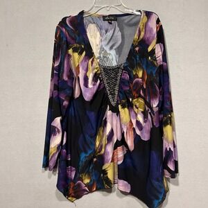 Melissa Paige‎ Floral Embellished V-Neck Long Sleeve Tunic Top Size Medium